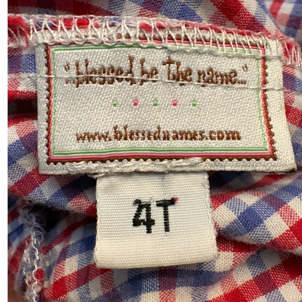 Blessed‎ Be The Name Kids Red Blue Gingham Check Pants 4T Fourth of July Preppy - Picture 2 of 2